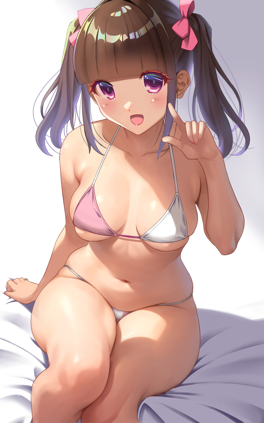 :d absurdres akihiro0920 arm_support bare_arms bed_sheet bikini blunt_bangs breasts brown_hair collarbone commentary_request female hair_ribbon highres index_finger_raised legs_together looking_at_viewer medium_breasts micro_bikini navel open_mouth original purple_eyes ribbon sidelocks sitting smile solo swimsuit thighs twintails two-tone_bikini white_bikini