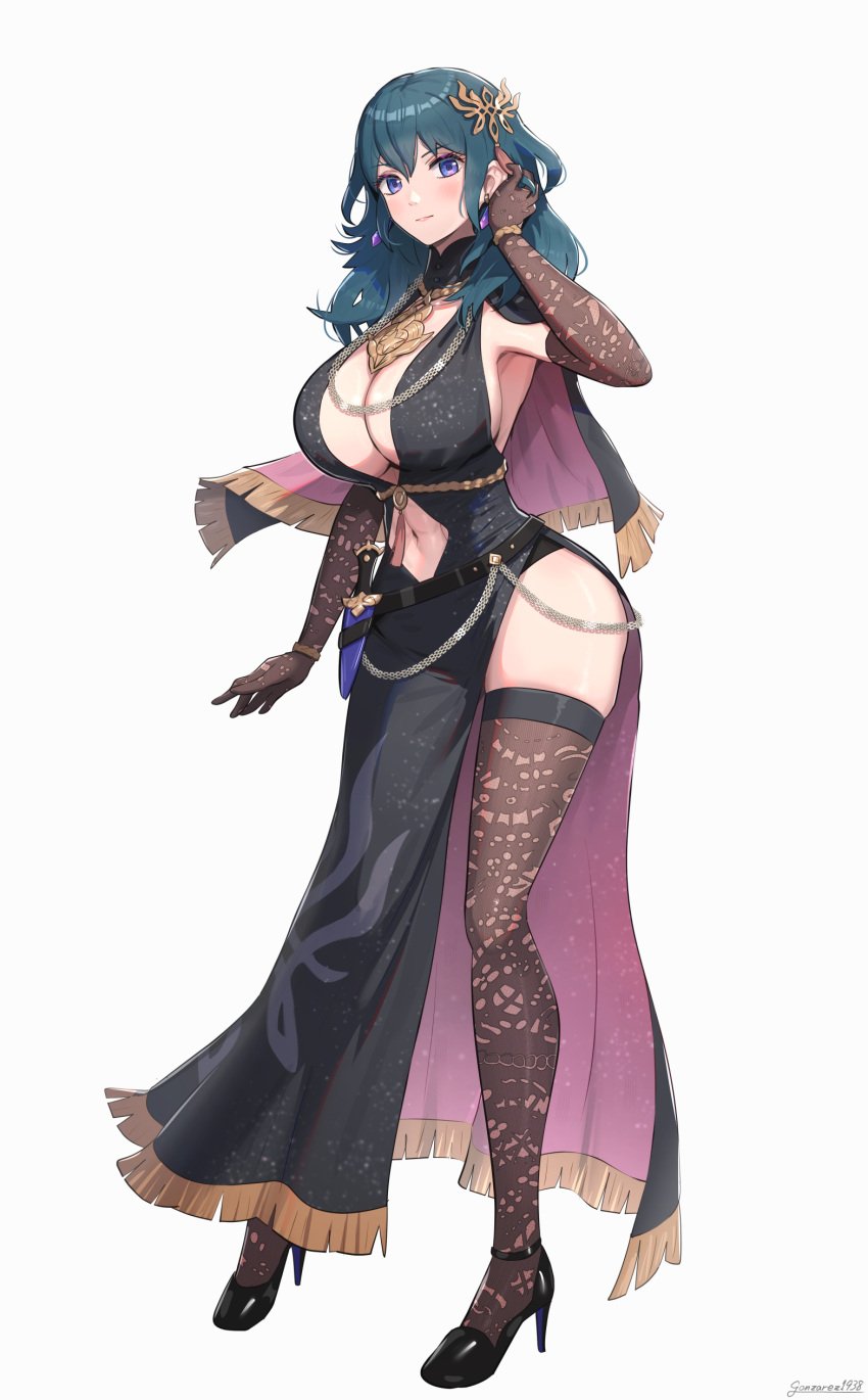 1girls absurdres adjusting_hair alternate_costume bare_thighs black_dress black_footwear black_hair blue_eyes breasts brooch byleth_(female)_(fire_emblem) byleth_(fire_emblem) cleavage clothing_cutout crest_of_flames dress earrings elbow_gloves female female female_only fire_emblem fire_emblem:_three_houses gloves gonzarez hair_ornament high_heels highres jewelry large_breasts looking_at_viewer medium_hair navel navel_cutout nintendo side_slit sideboob skindentation solo teal_hair thighhighs thighs watermark