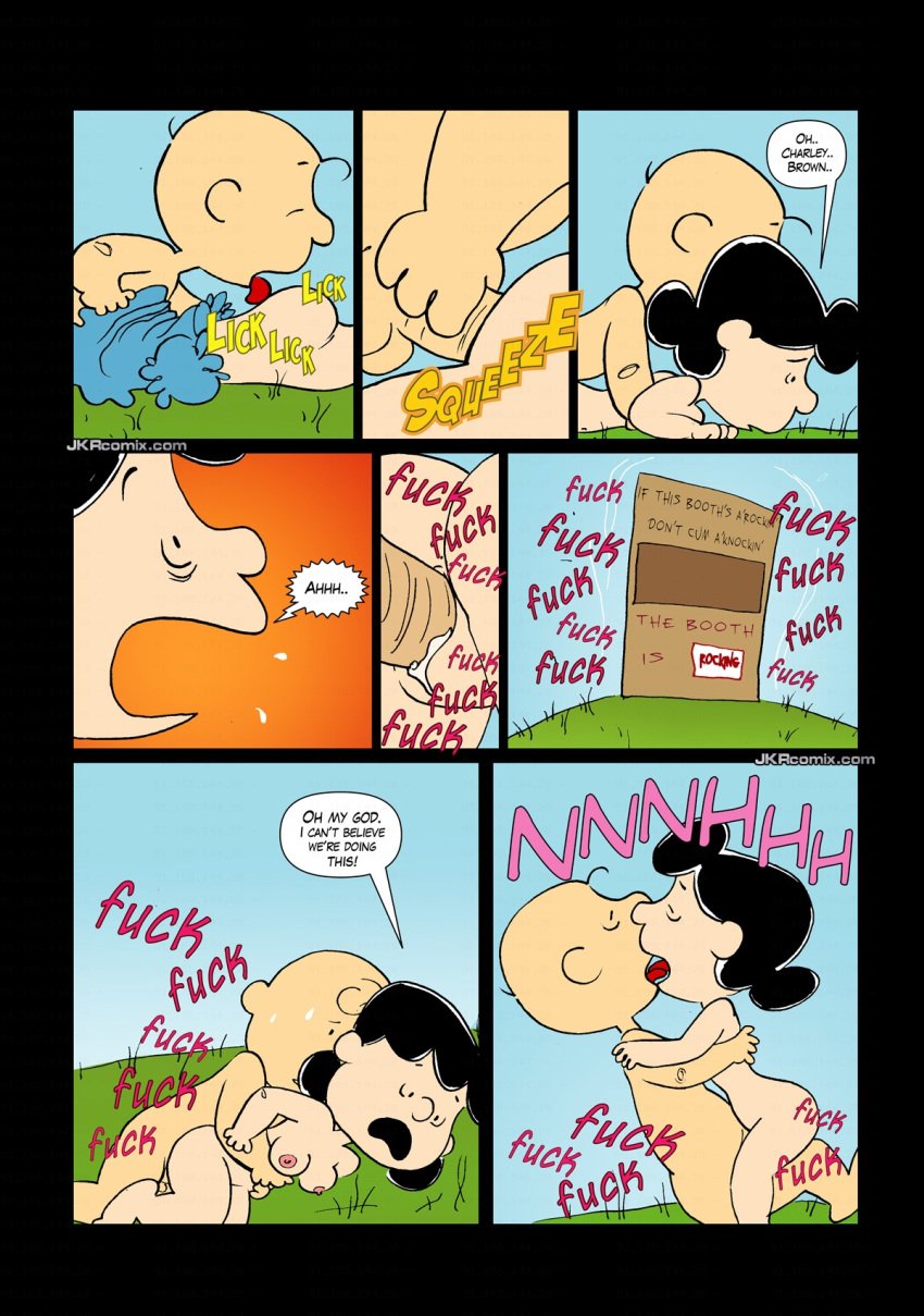 black_hair charlie_brown clothing comic comic_page english_text female human jkr lucy_van_pelt male nude_female nude_female_nude_male pale_skin peanuts sex speech_bubble straight walnuts