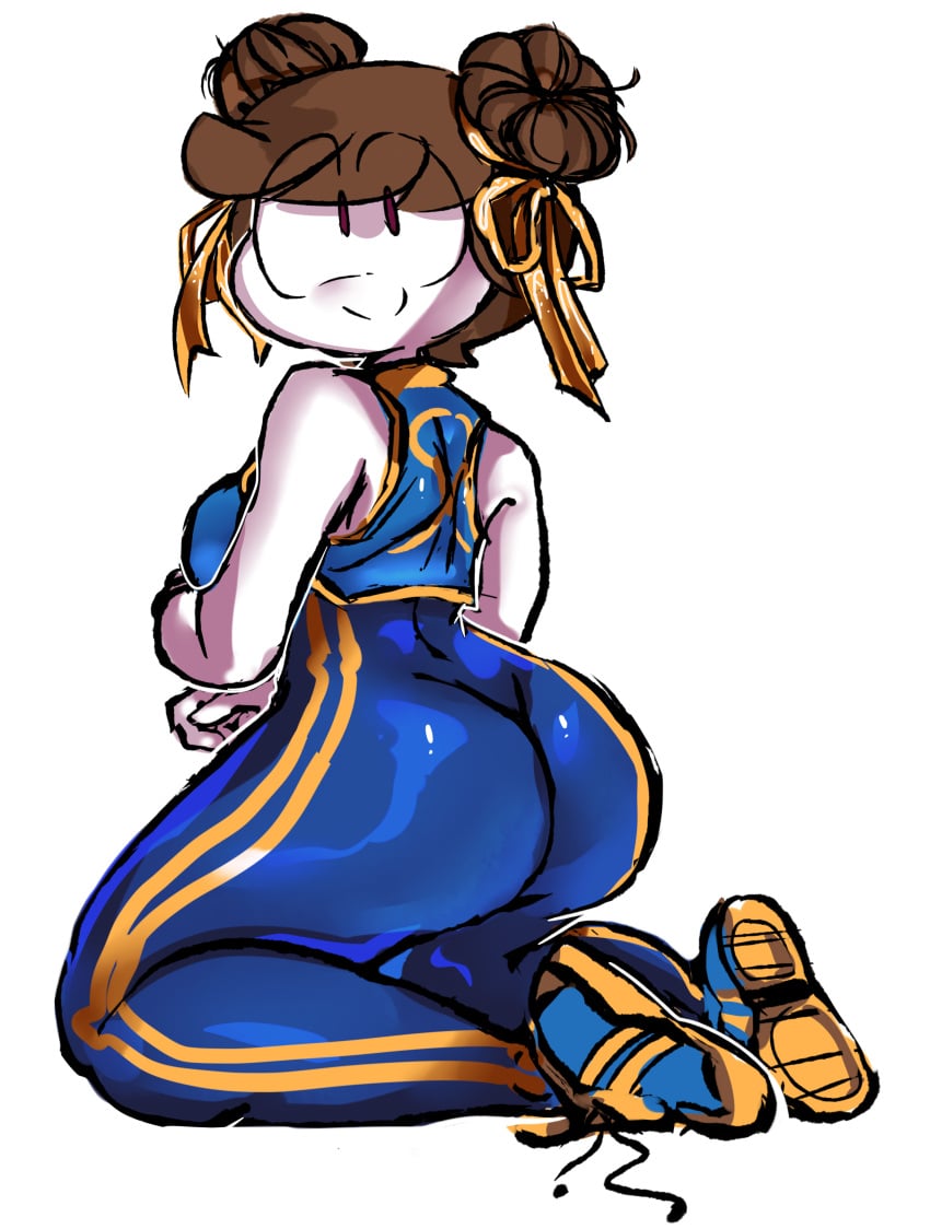 1girl 1girls 2020s big_ass big_breasts big_butt big_eyes blue_clothing brown_hair buns candy_girl chun-li chun-li_(cosplay) crease_visible_through_clothes cute cute_face female gold_stripes gummy_creature hair_buns happylikeawall happylikeawall_(artist) monochromatic_skin oc original_character pale-skinned_female pale_skin pale_skinned purple_eyes ribbons self_insert short_hair striped stripes toony youtube youtube_avatar youtuber youtuber_girl