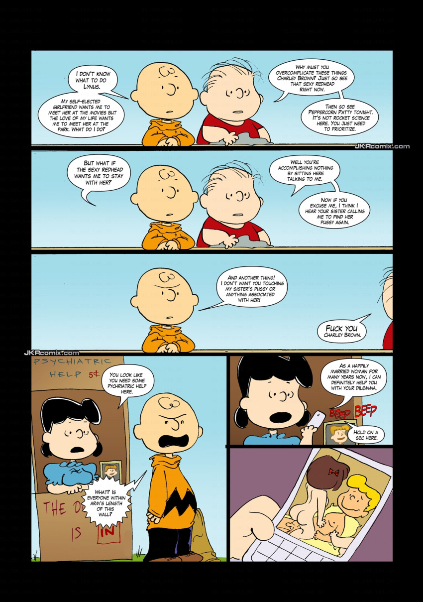 accurate_art_style charlie_brown clothing comic comic_page dialogue electronics english_text female human jkr linus_van_pelt lucy_van_pelt male pale_skin peanuts phone speech_bubble straight walnuts