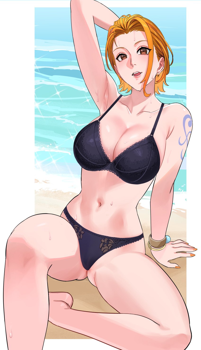 1female 1girls armpits arms_behind_back arms_up beach bikini bikini_bottom bikini_top black_bra black_panties black_underwear blush breasts female female_only looking_at_viewer nami nami_(one_piece) one_arm_up one_piece open_legs orange_eyes orange_hair sexy_armpits short_hair showing showing_armpits showing_panties showing_pussy smile sweat sweatdrop sweaty sweaty_armpits sweaty_body sweaty_breasts sweaty_legs tattoo tattoo_on_arm tattooed_arm thick_legs thick_thighs thighs tongue uukkaa waist water_drop