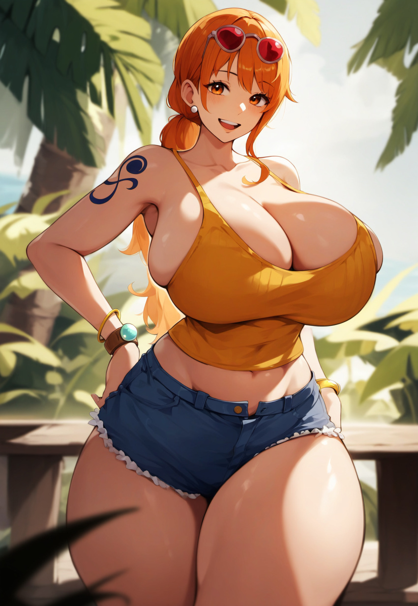 ai_due ai_generated breasts cleavage female female_focus female_only huge_breasts large_breasts long_hair nami nami_(one_piece) one_piece orange_hair ponytail post-timeskip solo_female tank_top thick_thighs thighs tied_hair yellow_tank_top