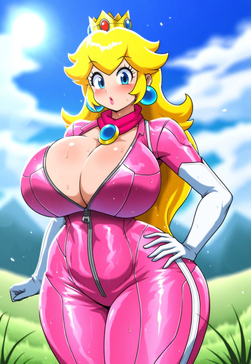 ai_generated blonde_hair blue_eyes crown female huge_breasts mario_(series) mario_kart princess princess_peach sweat wide_hips