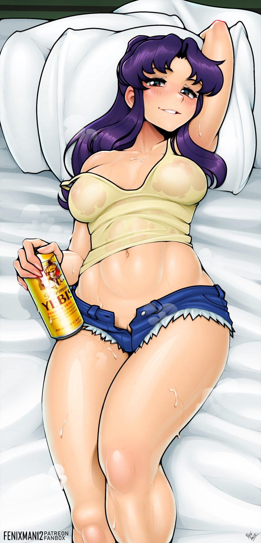 bare_legs bare_thighs beer crop_top denim denim_shorts fenixman12 microshorts midriff mini_short minishorts misato_katsuragi navel neon_genesis_evangelion open_shorts tagme wet_topwear yellow_crop_top