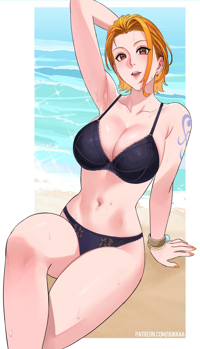 1female 1girls armpits arms_behind_back arms_up beach bikini bikini_bottom bikini_top black_bra black_panties black_underwear blush breasts female female_only looking_at_viewer nami nami_(one_piece) one_arm_up one_piece orange_eyes orange_hair perfect_body sexy_armpits sexy_pose short_hair showing_armpits slut smile sweat sweatdrop sweaty sweaty_armpits sweaty_body sweaty_breasts sweaty_legs tattoo tattoo_on_arm tattooed_arm thick_legs thick_thighs thighs tongue uukkaa waist water_drop