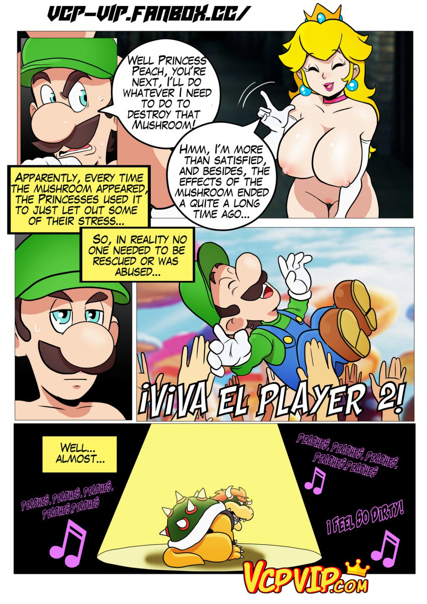 1boy 1girls big_breasts blonde_hair blue_eyes bowser breasts clothing comic crown dialogue female gansoman gloves green_hat happy human large_breasts luigi male mario_(series) nintendo nipples nude nude_female open_mouth princess_peach singing spanish_text tagme vercomicsporno