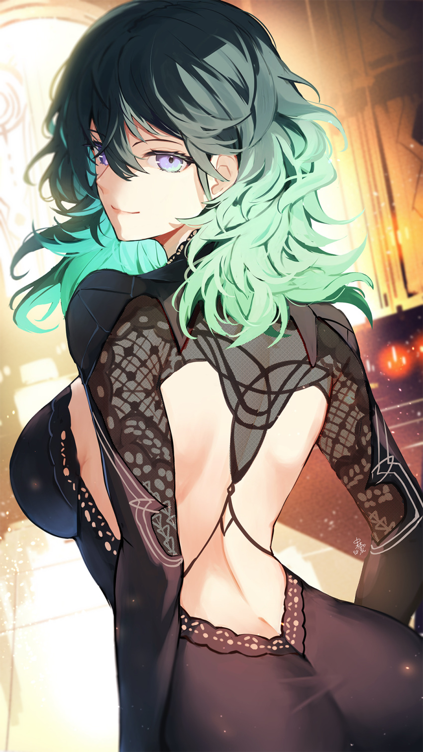 1girls alternate_costume ass back backless_dress backless_outfit bare_back big_ass black_dress blue_hair breasts butt_crack byleth_(female)_(fire_emblem) byleth_(fire_emblem) closed_mouth dress female female female_only fire_emblem fire_emblem:_three_houses formal from_behind hair_between_eyes highres indoors large_breasts long_hair looking_at_viewer looking_back nakabayashi_zun nintendo purple_eyes signature smile solo