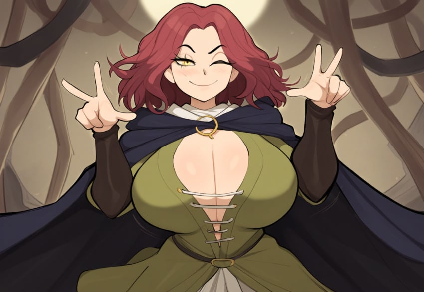 1girls ai_generated breasts dress elden_ring female fromsoftware huge_breasts melina_(elden_ring) mullon novelai one one_eye_closed peace_sign red_hair smile solo yellow_eyes