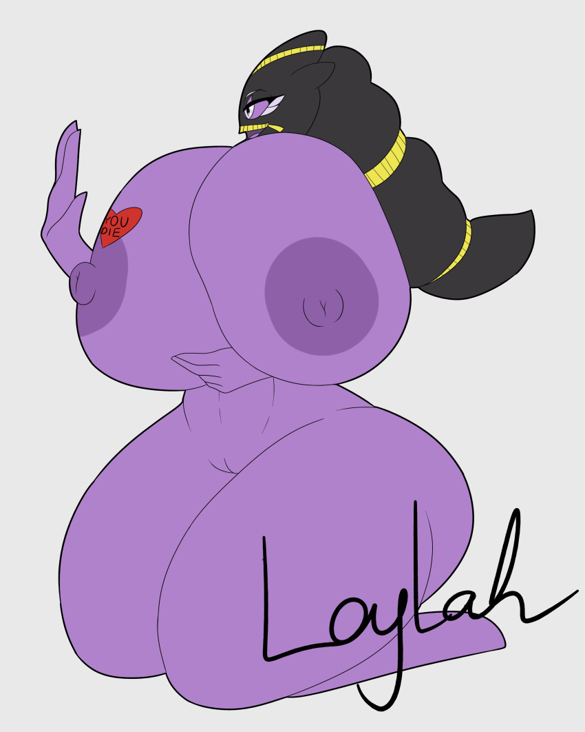 absurd_res big_breasts breasts female generation_6_pokemon genitals grey_background heart_symbol hi_res huge_breasts mega_banette mega_evolution nintendo nipples pokemon pokemon_(species) purple_eyes purple_nipples pussy simple_background solo stemingbunbun thick_thighs zipper