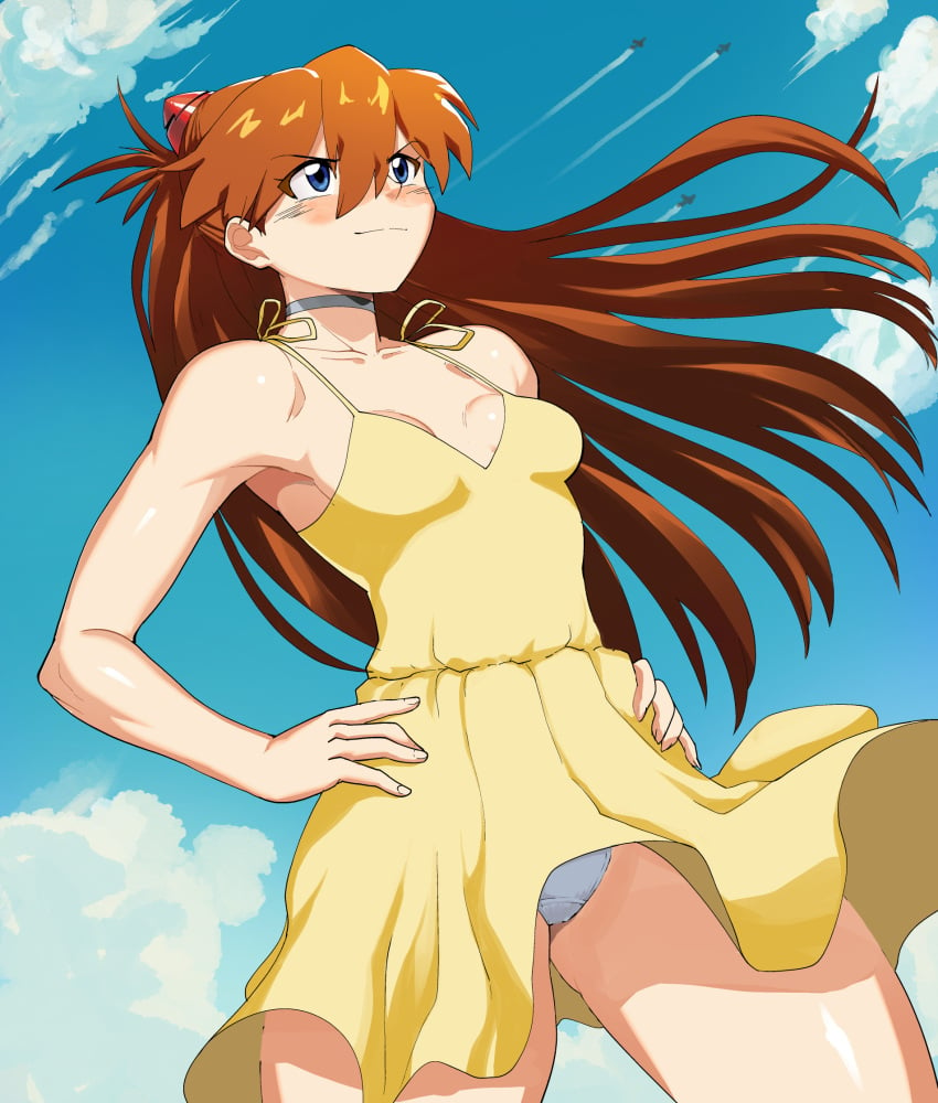 1girls alternate_version_available asuka_langley_sohryu blue_eyes breasts choker cleavage cleavage_dress clothing dress female female_only gez1313 hair hands_on_hips long_hair medium_breasts neckwear neon_genesis_evangelion orange_hair panties panties_peek pantyshot short_dress slim_waist solo solo_female spaghetti_strap strap_dress sundress thighs white_panties yellow_dress