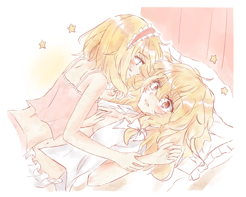 2girls acoco alice_margatroid blonde_hair blue_eyes blush braid breasts couple female hairband long_hair marisa_kirisame multiple_girls navel no_hat open_mouth pillow short_hair side_braid smile star tied_hair touhou yellow_eyes yuri