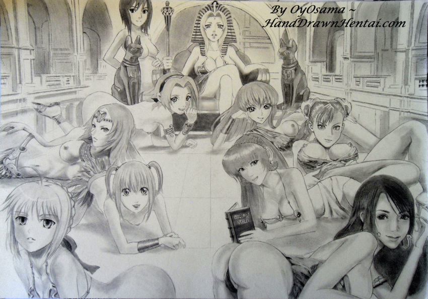 artoria_pendragon c.c. chun-li claymore clothing code_geass crossover dead_or_alive death_note drawn fate_(series) female female_only final_fantasy final_fantasy_vii human kasumi_(doa) large_breasts medium_breasts miria_(claymore) misa_amane monochrome multiple_girls naruto night oyosama pregnant saber sakura_haruno shizune street_fighter tifa_lockhart tsunade