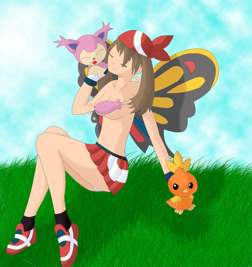 1girls alexisrendell beautifly brown_hair female human may_(pokemon) nintendo outdoors pokémon_(species) pokemon pokemon_(species) pokemon_rse skitty topless torchic