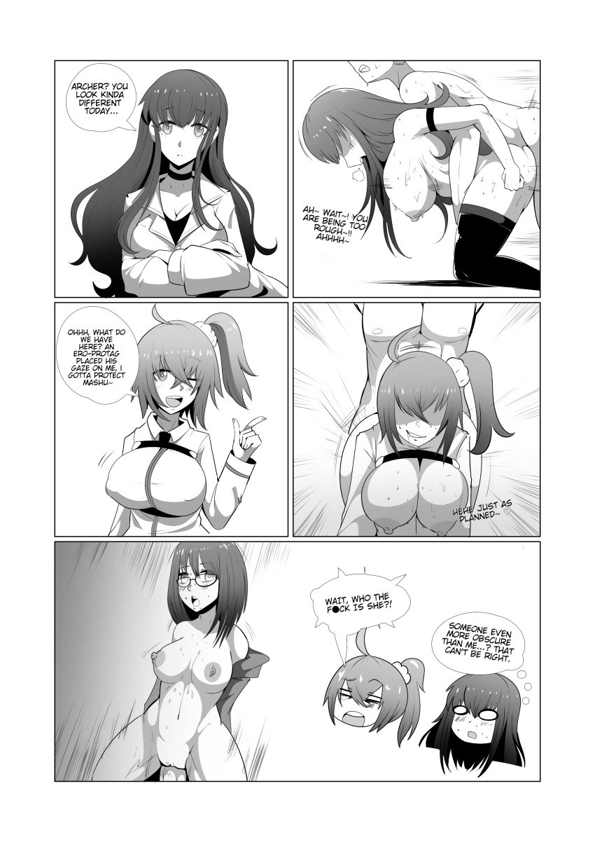 1boy 3girls black_and_white chaldea_uniform comic confused_look cowgirl_position doggy_style emiya_shirou english english_text enjoying fate/extra fate/grand_order fate/prototype fate/stay_night fate_(series) fujimaru_ritsuka_(female) gudako hakuno_kishinami kishinami_hakuno_(female) naver riding_penis sajou_ayaka sajyou_ayaka side_view tagme