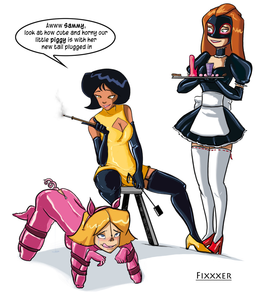 3girls alex_(totally_spies) all_fours bitchsuit blush bondage bound clothing clover_(totally_spies) dark-skinned_female dark_skin dildo domina dominatrix female female_only femdom femsub fixxxer gimp_suit human latex lezdom multiple_females multiple_girls nose_hook piddlefours sam_(totally_spies) sex_toy tears totally_spies whip yuri