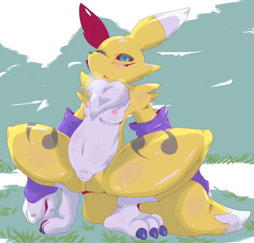 anthro barefoot breasts claws color digimon female female_only front_view fur furry furry_breasts furry_tail nipples nude pussy_juice renamon squatting tagme tail vulva