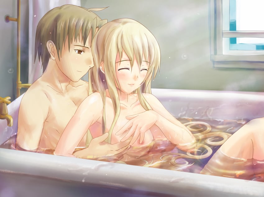 bath blind blonde_hair breasts brown_eyes brown_hair closed_eyes female green_hair highres katawa_shoujo lilly long_hair love mixed_bathing nude satou_lilly smile wavy_hair wet