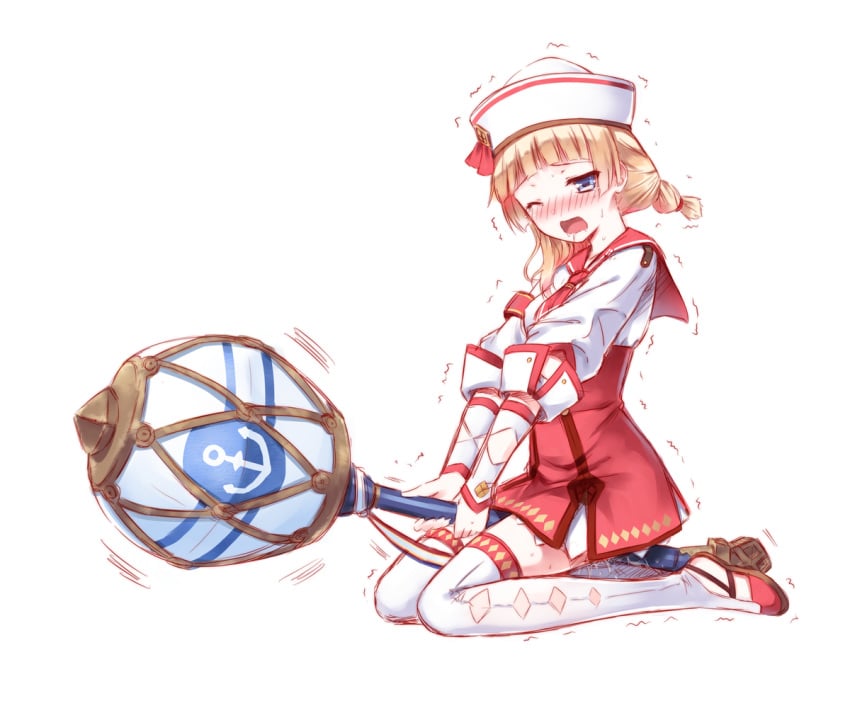 anchor between_legs blonde_hair blue_eyes blush capcom crotch_rub dixie_cup_hat hat hiten_(hitenkei) kneeling laura_(monster_hunter) masturbation monster_hunter monster_hunter_3_g open_mouth pussy_juice receptionist_(monster_hunter_3_g) sailor sailor_collar sailor_hat saliva simple_background skirt solo staff thighhighs trembling white_background white_legwear wince