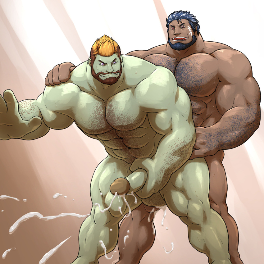 2boys abs absurdres anal bara beard colored_skin colored_tips couple cum cum_in_ass cum_overflow dark-skinned_male dark_skin ejaculating_while_penetrated ejaculation erection facial_hair feet_out_of_frame final_fantasy final_fantasy_xiv full_beard green_skin grisser hairy happy_sex highres interracial large_pectorals male_focus male_only male_penetrated mature_male multicolored_hair multiple_boys muscular muscular_male mutual_orgasm navel navel_hair nipples orgasm original pectorals roegadyn sex sex_from_behind smile spiked_hair standing standing_sex thick_arm_hair thick_chest_hair thick_eyebrows thick_thighs thighs two-tone_hair yaoi