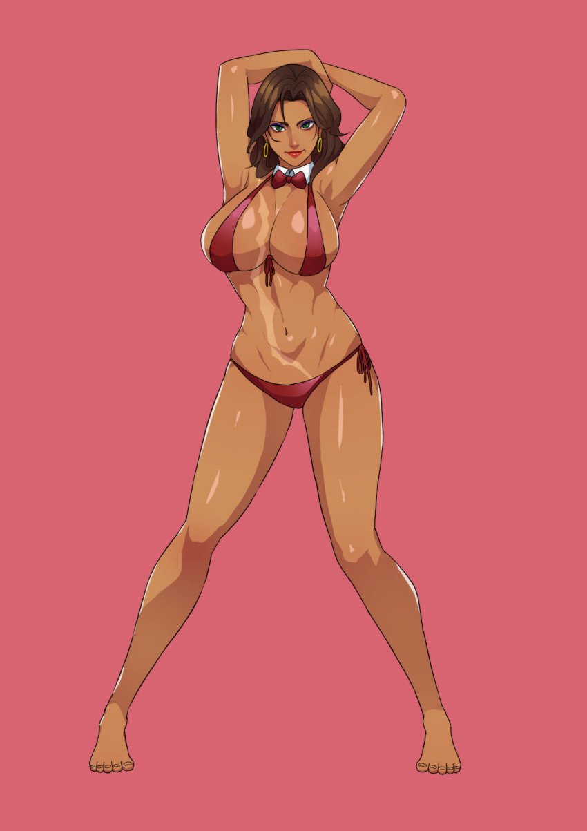 1girls almost_naked amida_arca arms_up big_breasts bikini blue_eyes bowtie bowtie_collar brown_hair cirenk dark-skinned_female earrings gundam gundam_tekketsu_no_orphans lipstick looking_at_viewer milf navel partially_clothed scar solo_focus swimwear tan_body thick_thighs white_collar