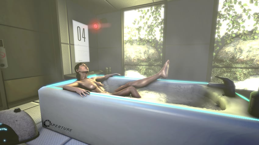 bath bathing bathtub chell closed_eyes female juxtasuperposition naked naked_female portal_(series) portal_2 relaxing sfm solo_female source_filmmaker voyeur voyeurism