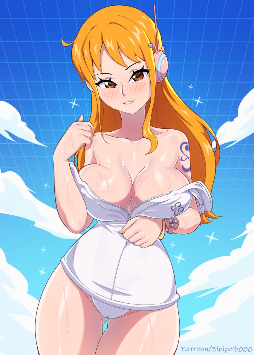 1girls bare_arms bare_legs bare_shoulders bare_thighs big_breasts blush clothed clothing color elpipe3000 female female_focus female_only hi_res large_breasts light-skinned_female light_skin long_hair looking_at_viewer nami nami_(one_piece) one_piece one_piece:_egghead_arc orange_eyes orange_hair post-timeskip shounen_jump solo solo_female sweat tagme tattoo thick_thighs