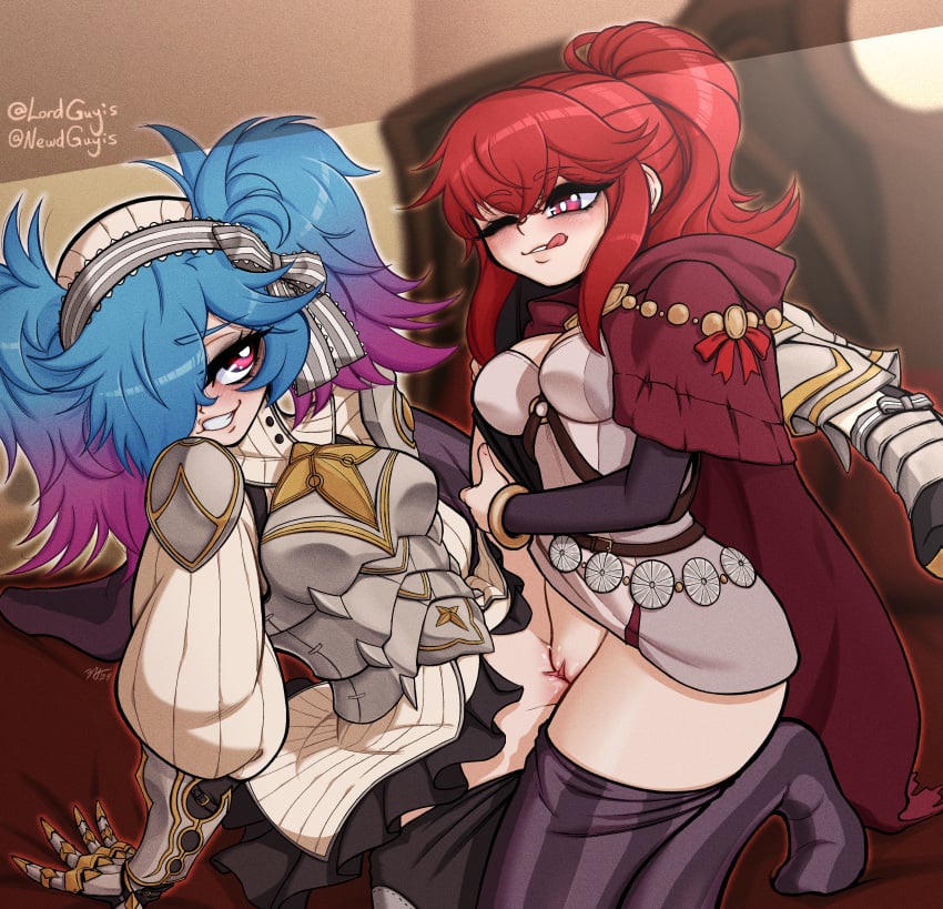 2girls anna_(fire_emblem) anna_(fire_emblem_fates) armor bangs bangs_over_one_eye blue_hair breasts commission female female_only fire_emblem fire_emblem_fates hair_over_one_eye holding_leg licking_lips looking_at_partner lordguyis medium_breasts mostly_clothed multicolored_hair multiple_girls nintendo no_panties one_eye_obstructed pants_down pants_pulled_down peri_(fire_emblem) ponytail pussy pussy_juice red_eyes red_hair scissoring sex smile spread_legs tongue_out tribadism twintails yuri