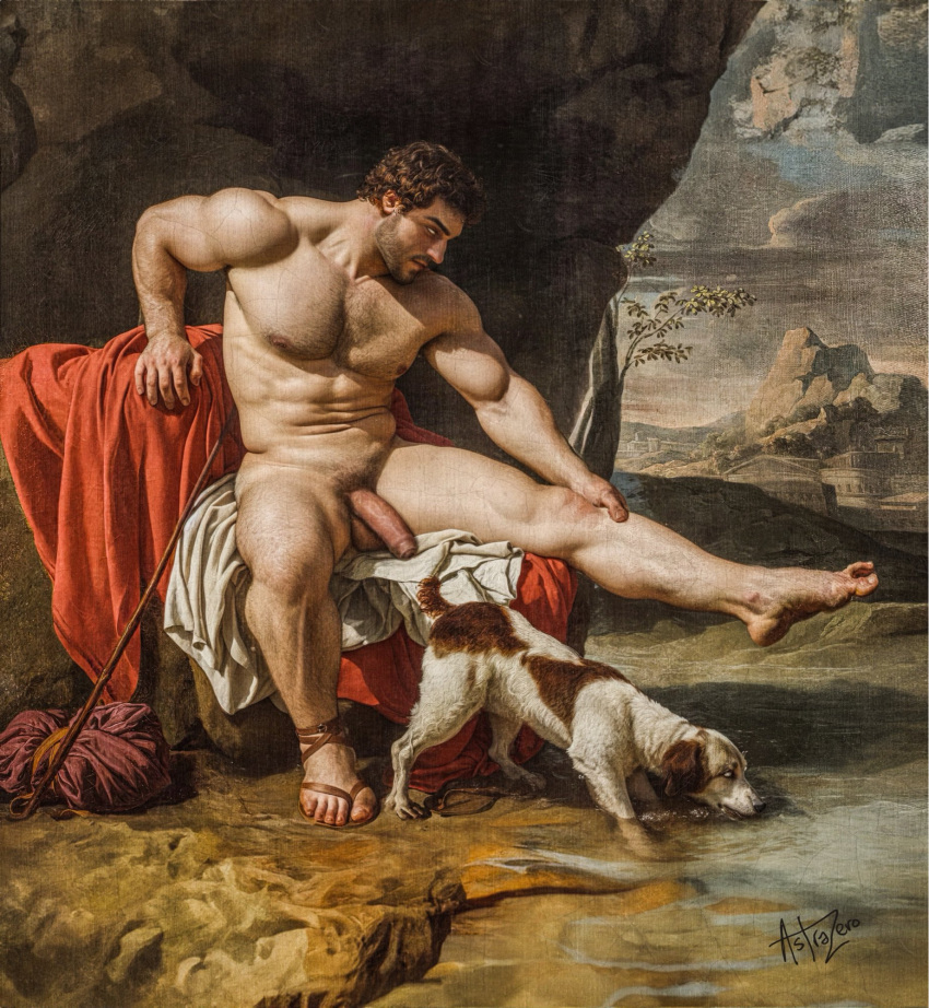 1boy astra_zero big_balls big_penis gay greek greek_mythology historical history male male/male male_only muscle muscular_male mythology only_male painting penis philoctete solo_male yaoi