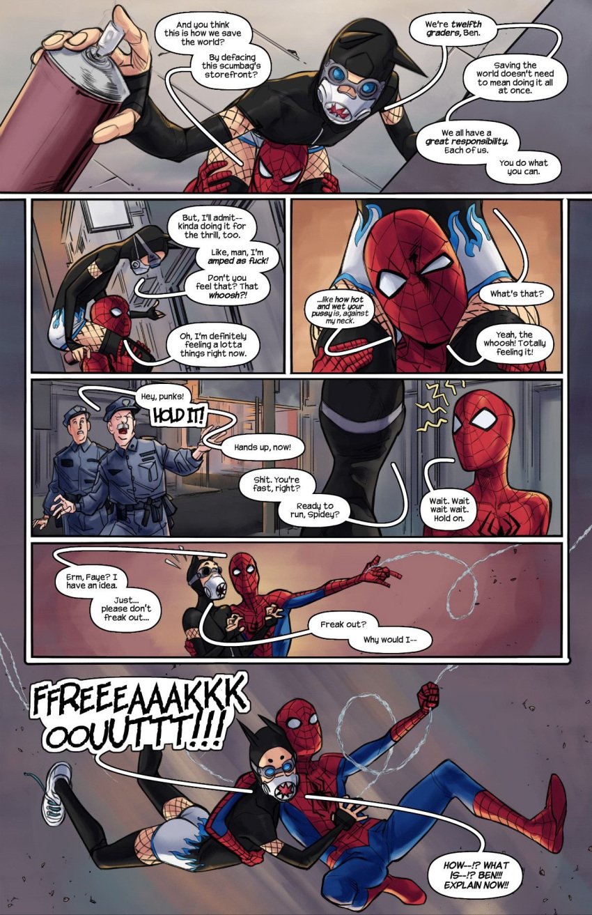 1girls 3boys asian_female bayushi ben_parker benjy_parker faye_ito marvel marvel_comics police police_officer police_uniform spider-man spider-man_(series) text text_bubble tracyscops