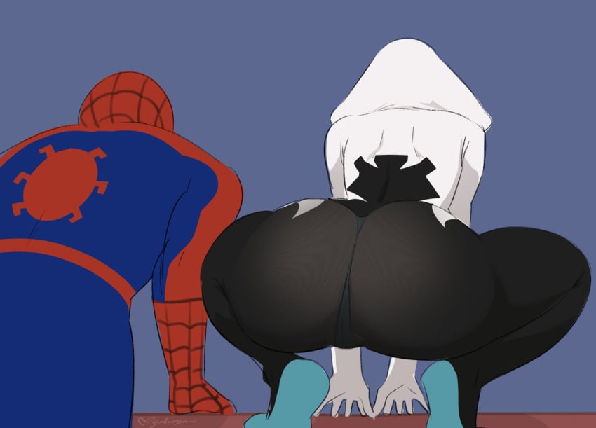 1boy 1girls ass athletic athletic_female big_ass bodysuit bubble_ass bubble_butt dat_ass fat_ass_teen female gwen_stacy human human_only male marvel marvel_comics meme myahogao pawg rear_view round_ass spandex spider-gwen spider-man spider-man_(series) squatting superhero superheroine thong wide_hips