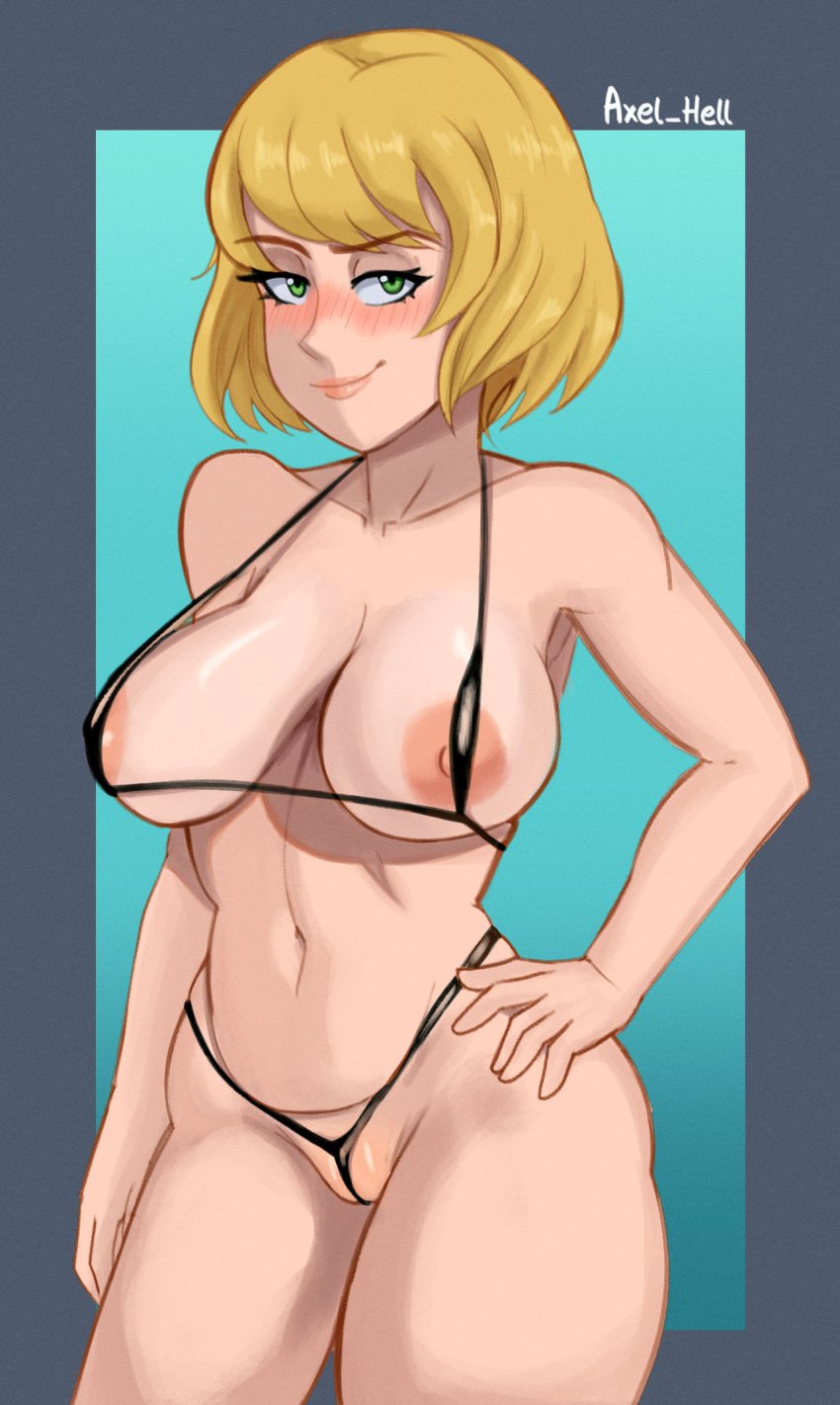 ashley_graham ashley_graham_(ella_freya) axel_hell bikini bikini_bottom bikini_top blonde_female blonde_hair breasts busty capcom female female_focus female_only green_eyes hourglass_figure micro_bikini nipples resident_evil resident_evil_4 resident_evil_4_remake skimpy skimpy_bikini solo solo_female solo_focus wide_hips