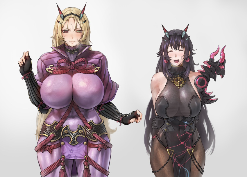 2girls armor barghest_(gawain)_(fate) blonde_hair bodysuit breasts costume_switch fate/grand_order fate_(series) female_focus female_only green_eye heterochromia large_breasts minamoto_no_raikou_(fate/grand_order) multiple_girls purple_hair red_eye sweat tight_clothing two_girls