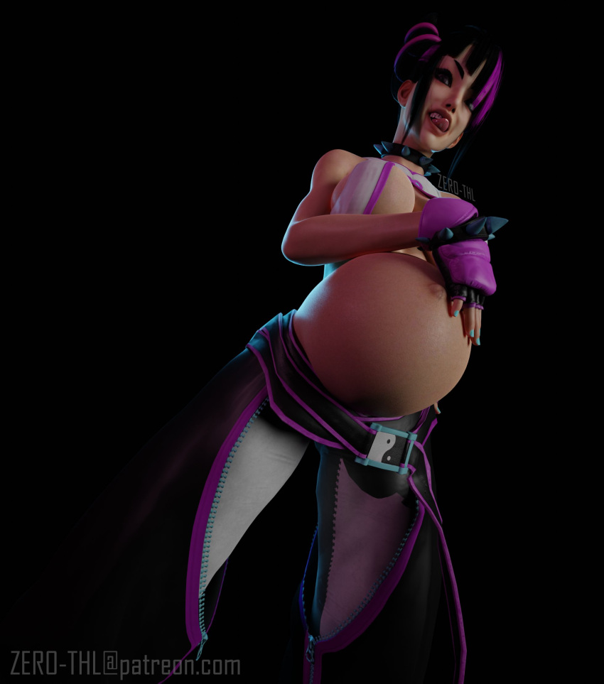 1girls 3d belly big_belly big_breasts black_hair breasts capcom cleavage female juri_han pregnant solo street_fighter zero-thl