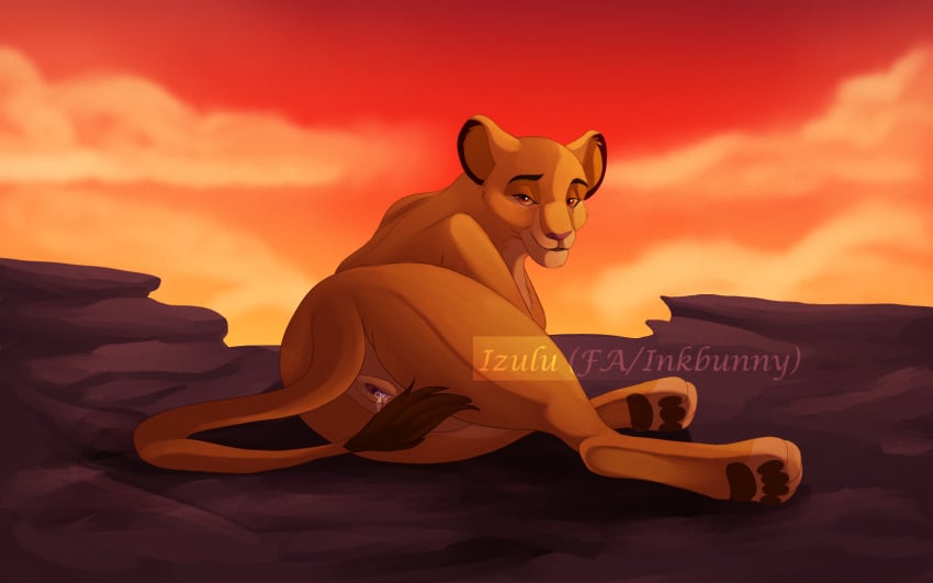 bedroom_eyes bodily_fluids detailed_background disney f3ralh3arts felid female feral genital_fluids genitals hi_res kiara_(the_lion_king) lion mammal narrowed_eyes pantherine pussy seductive solo the_lion_king vaginal_fluids