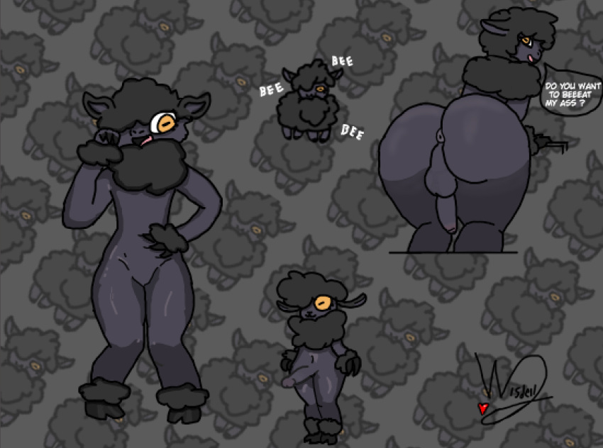 anthro ass black_fur black_sheep black_wool bleating bovid caprine femboy genitals girly male mammal penis sheep solo wisdell_art wool_(fur)