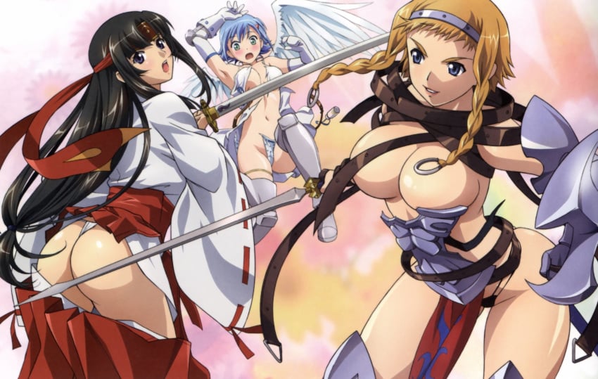 3girls angel angel_wings armor armpits ass asymmetrical_wings blonde_hair blue_eyes blue_hair blush boots bra braid breasts buckle censored cleavage convenient_censoring curvy elbow_gloves enf female female_only flying fundoshi gloves green_eyes hair_ornament hairband hairclip hakama headband high_resolution japanese_clothes jewelry katana large_ass large_breasts leina lingerie loincloth long_hair looking_back lost_clothes low-tied_long_hair miko multiple_girls nanael open_mouth panties polka_dot polka_dot_panties queen's_blade rin-sin ring short_hair smile straight_hair strap sword tearing_clothes thigh_boots thigh_strap thighhighs tomoe torn_clothes twin_braids underwear very_long_hair wardrobe_malfunction weapon wide_hips wings