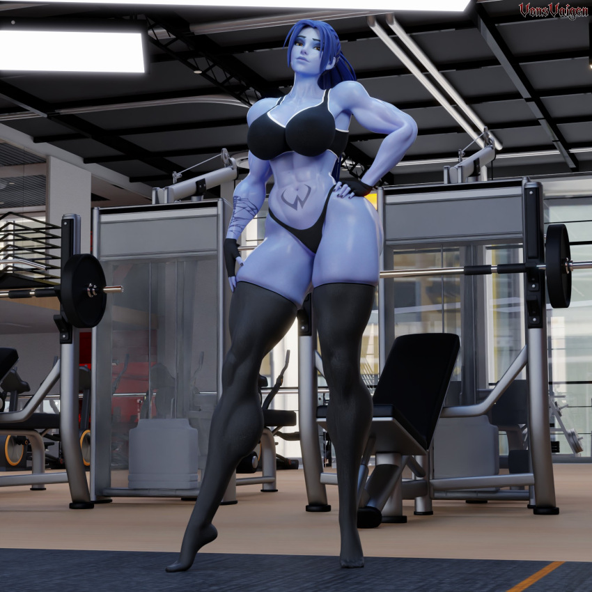 1girls 3d abs amelie_lacroix ass big_ass big_breasts black_fingernails black_nails black_thong blizzard_entertainment blue_hair elbow_sleeve female female_only fit fit_female gym looking_at_viewer muscular muscular_female muscular_thighs no_pants oiled oiled_skin oily overwatch overwatch_2 ponytail purple-skinned_female purple_skin solo solo_female sports_bikini sports_bra tattoo tattoo_on_stomach thick_thighs thong thunder_thighs vonsvaigen wide_hips widowmaker yellow_eyes