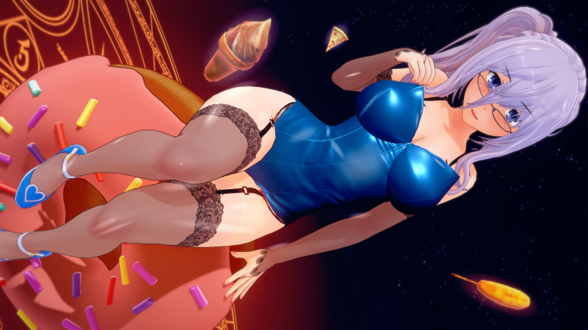 3d breasts bunnysuit date_a_live female female_only food glasses grey_eyes grey_hair koikatsu light-skinned_female murasame_reine short_hair thighs tight_clothing