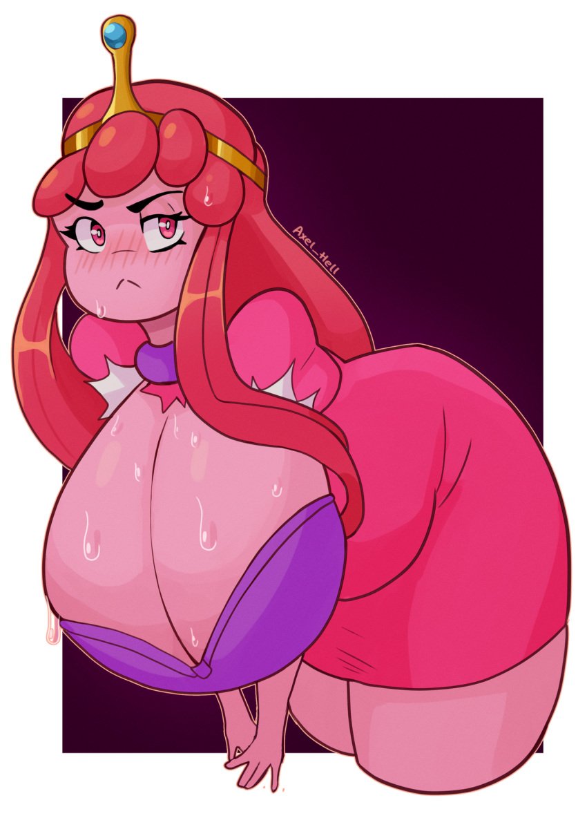 adventure_time axel_hell big_breasts boobs breasts breasts_bigger_than_head cartoon_network chubby cleavage crown female female_focus female_only huge_breasts pink_body pink_hair pink_skin princess princess_bubblegum solo solo_female solo_focus tits torn_open_top