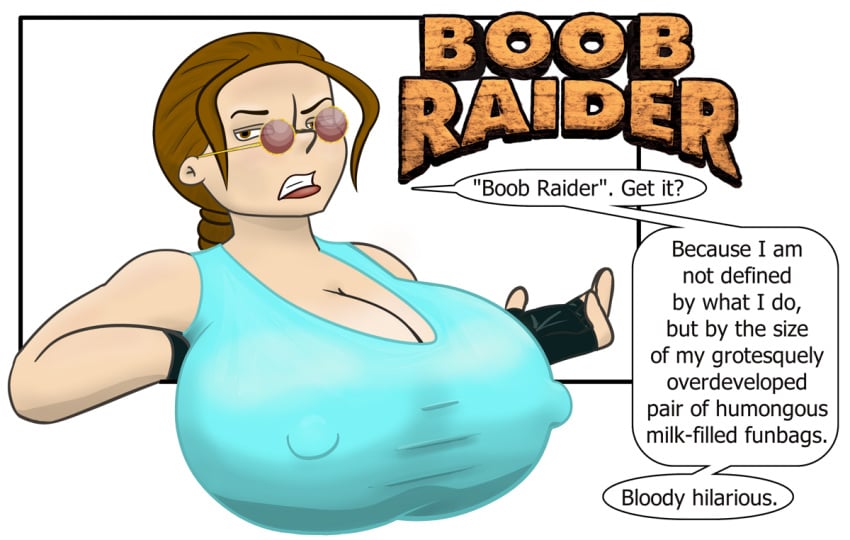 1girls big_breasts bungakawa2000 cleavage female female_focus female_only huge_breasts irony lara_croft lara_croft_(classic) large_breasts looking_over_eyewear looking_over_glasses looking_over_sunglasses meme red-tinted_eyewear sunglasses tinted_eyewear tomb_raider