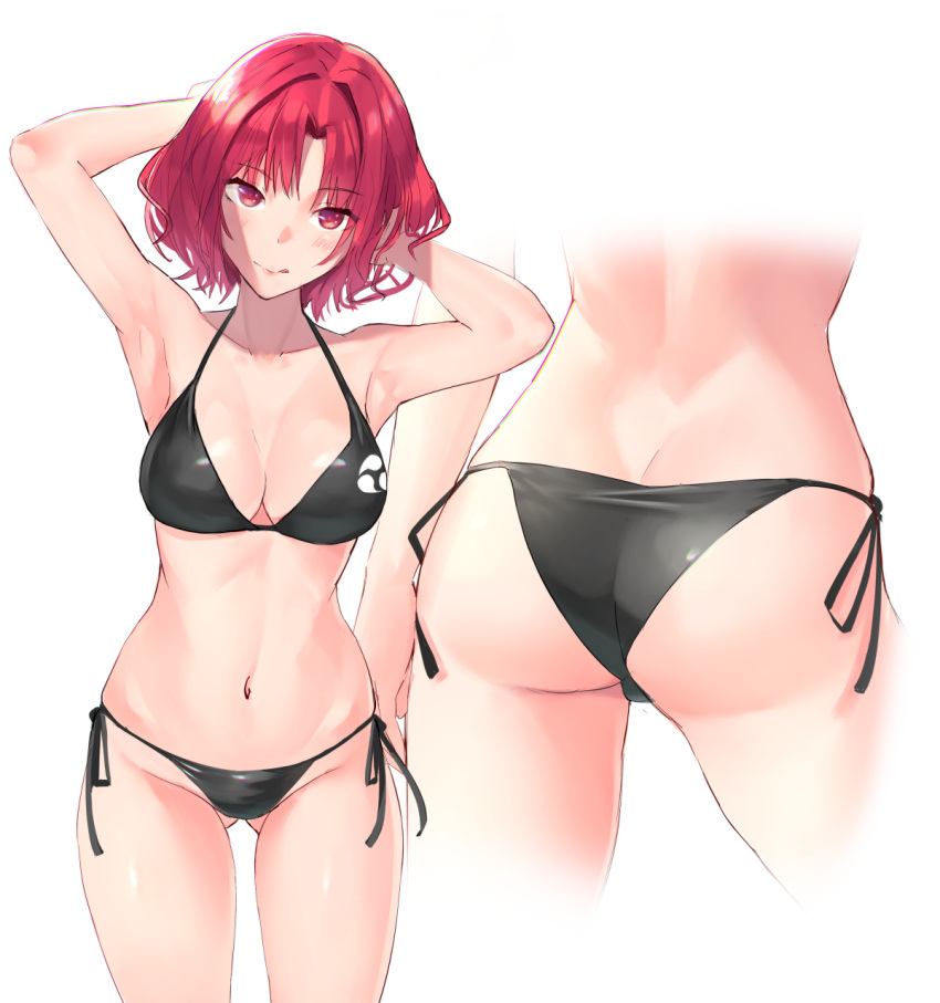 armpits arms_up ass bare_arms bare_shoulders bikini black_bikini breasts cleavage collarbone doitsuudon female gluteal_fold highres horikawa_raiko looking_at_viewer mature_female medium_breasts multiple_views raiko_horikawa red_eyes red_hair short_hair side-tie_bikini_bottom simple_background standing swimsuit touhou white_background