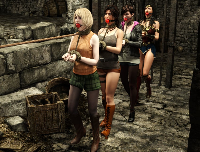 3d 4girls ashley_graham ashley_graham_(ella_freya) ball_gag black_hair blonde_hair bound bound_wrists brown_hair clothed_bondage coffle dc_comics gag gagged lara_croft lara_croft_(survivor) miniskirt moira_burton multiple_girls resident_evil resident_evil_4 samsa23 skirt tomb_raider tomb_raider_(survivor) wonder_woman wonder_woman_(series)