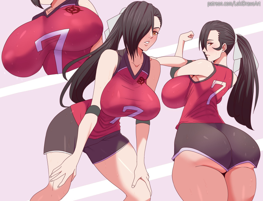 1girls absurdres alternate_costume ass bare_shoulders big_ass breasts brown_eyes brown_hair commission female female_only fire_emblem fire_emblem_fates hair_over_one_eye hands_on_own_knees highres huge_breasts kagero_(fire_emblem) large_ass leaning_forward lokidrawsart long_hair looking_at_viewer multiple_views nintendo ponytail sports_bra sportswear workout