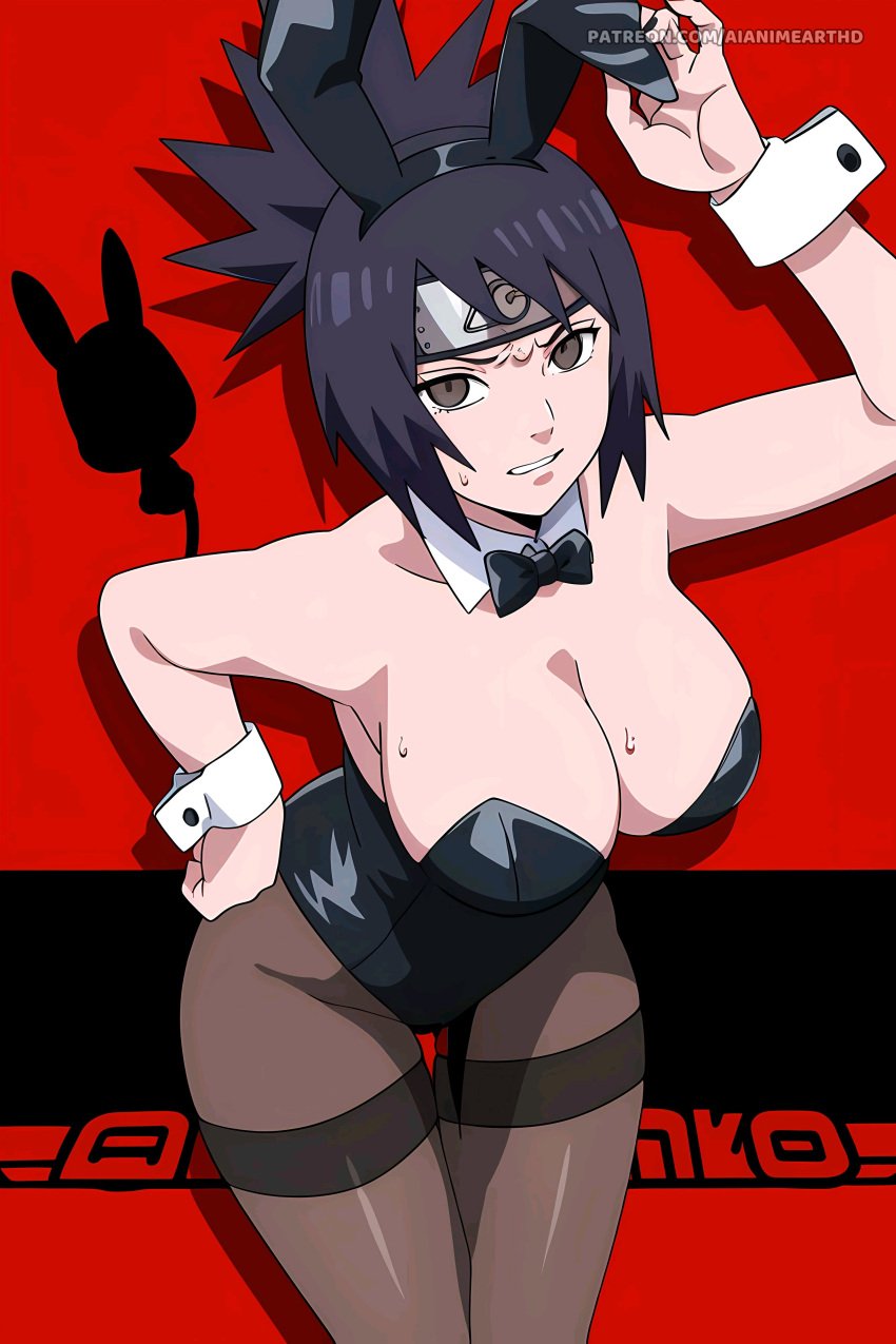 1girls ai_generated aianimearthd alternate_costume animal_ears artist_name big_breasts bowtie breasts brown_eyes bunny_ears bunny_girl bunnysuit character_name commentary detached_collar detached_sleeves fake_animal_ears female female_focus forehead_protector headband huge_breasts konohagakure_symbol large_breasts leotard light-skinned_female light_skin mitarashi_anko naruto naruto:_the_last naruto_(classic) naruto_(series) naruto_shippuden pale-skinned_female pale_skin pantyhose patreon_username pinup playboy_bunny purple_hair red_background ribbon skimpy skimpy_clothes solo strapless strapless_leotard sweat sweatdrop text url voluptuous watermark web_address wide_hips