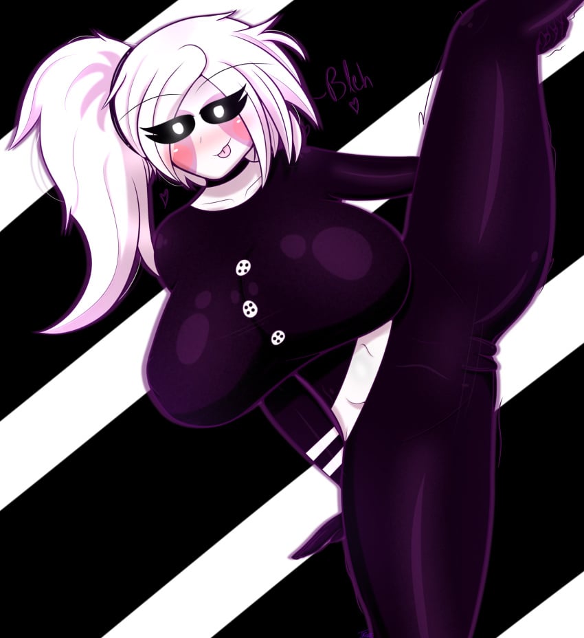 4k :3 big_breasts breasts breasts_bigger_than_head five_nights_at_freddy's five_nights_at_freddy's_2 five_nights_in_anime glowing_eyes gothtrishy hi_res highres huge_breasts lifting_leg long_hair looking_at_viewer marionette_(fnaf) messy_hair motion_lines ponytail puppet_(fnaf) pussy seductive seductive_look shiny shiny_clothes shiny_hair shiny_skin silly solo text tight_clothing tight_fit tongue tongue_out white_eyes white_hairrnfnia