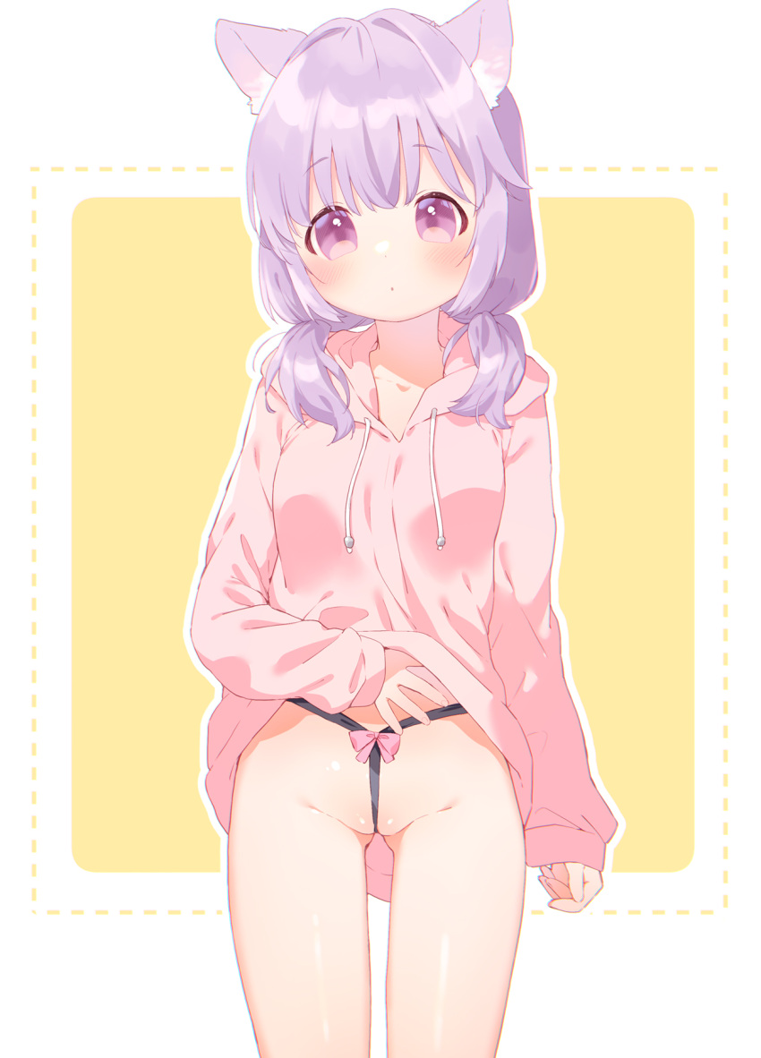 animal_ear_fluff animal_ears ass_visible_through_thighs blush bow cat_ears clothes_lift cowboy_shot drawstring female highres hood hoodie hoodie_lift lifted_by_self long_hoodie looking_at_viewer low_twintails medium_hair mutou_mato original parted_lips pink_bow pink_hoodie purple_eyes purple_hair pussy sleeves_past_wrists solo twintails two-tone_background wedgie young