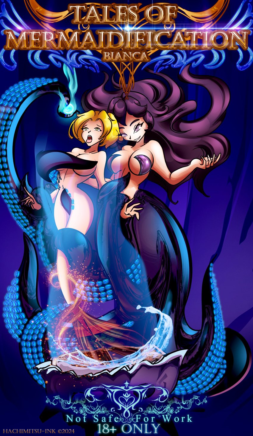 2024 2girls ahe_gao bianca_(pokemon) blonde_hair cauldron cave comic_cover cover_page covered_breasts covered_nipples covered_pussy green_eyes hachimitsu-ink hex_maniac large_breasts light-skinned_female light_skin magic mermaid mermaid_transformation pokemon pokemon_bw pokemon_xy purple_eyes purple_hair scylla soul steam tentacle tentacle_grab tentacle_on_breast tentacle_on_pussy text transformation underwater wide_hips