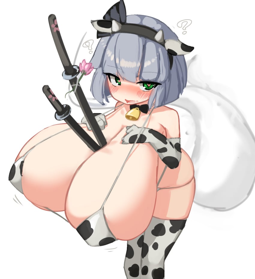 animal_ears animal_print bell big_breasts bikini blue_hair blush breasts collar covered_erect_nipples cow_print fake_animal_ears female flower green_eyes heart heart-shaped_pupils highres huge_breasts konpaku_youmu massive_breasts short_hair shortstack skindentation solo swimsuit sword symbol-shaped_pupils tagme tail thighhighs touhou weapon youmu_konpaku zakozako_y