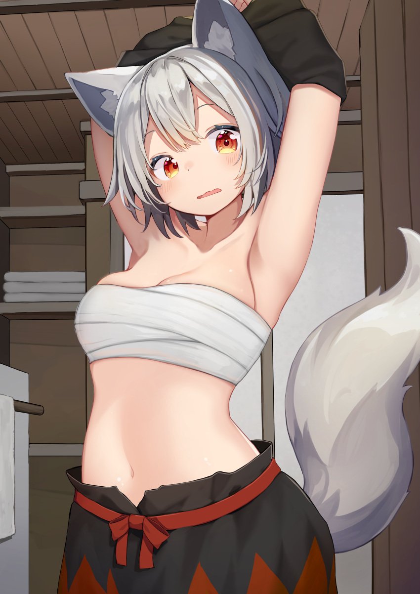 absurdres animal_ears armpits arms_up black_skirt blush breasts chest_sarashi commentary_request cowboy_shot eyebrows_hidden_by_hair female highres indoors inubashiri_momiji looking_at_viewer mamemochi medium_breasts momiji_inubashiri navel orange_eyes parted_lips red_skirt sarashi short_hair silver_hair skirt solo standing surprised tail touhou two-tone_skirt undressing wolf_ears wolf_tail wooden_ceiling